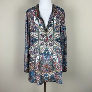 Sundance Tunic Top Blouse Womens Large Blue 100% Silk Paisley V-Neck Beaded Boho